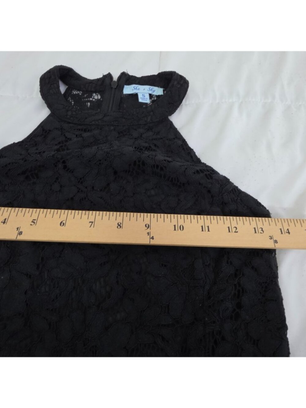 She+Sky Black Crochet Lace Dress Small Mock Neck Fringe Hem Boho Gothic Cocktail - Picture 6 of 13